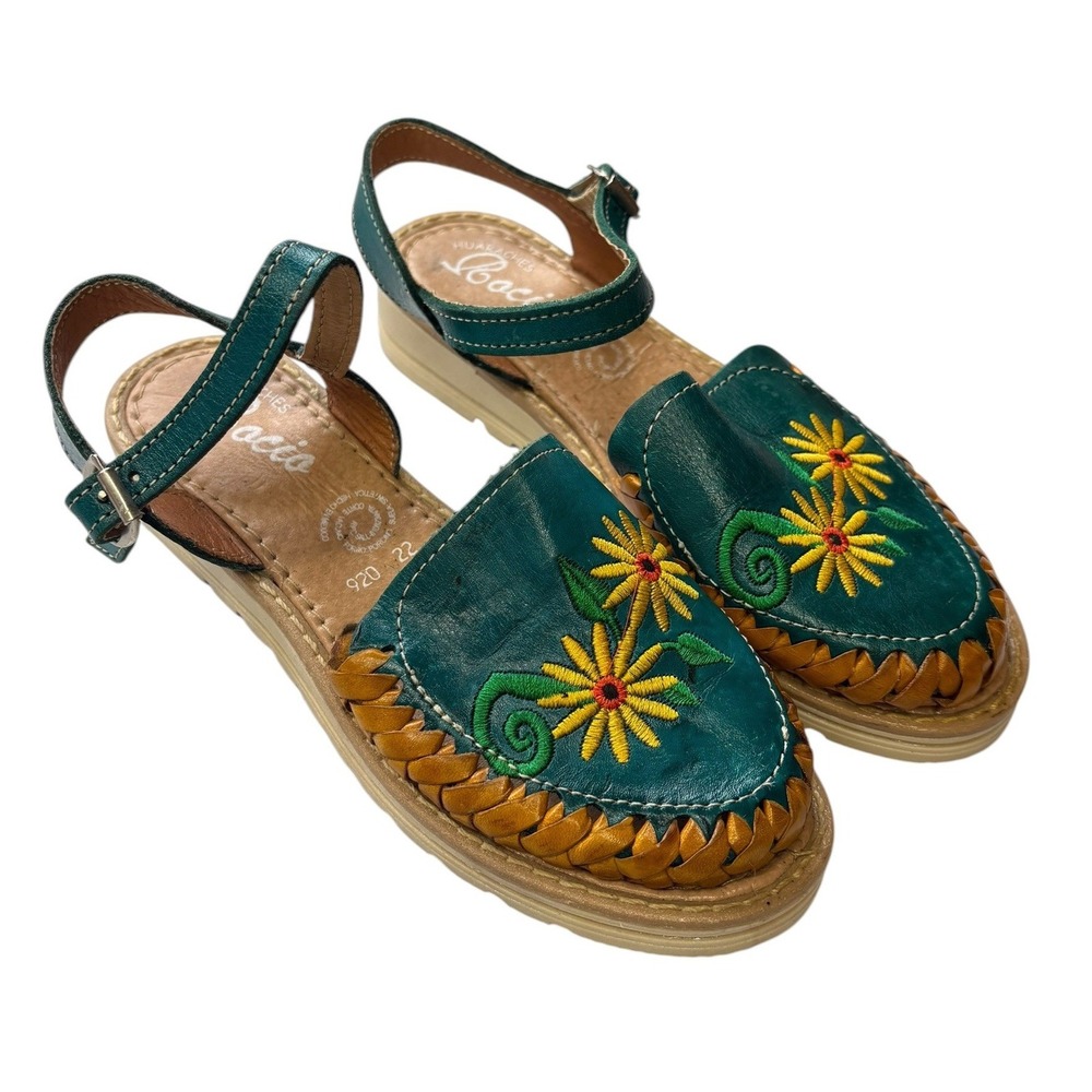 Mexican Huarache Leather‎ Floral Embroidered Slingback Sandals Boho Artisan 5